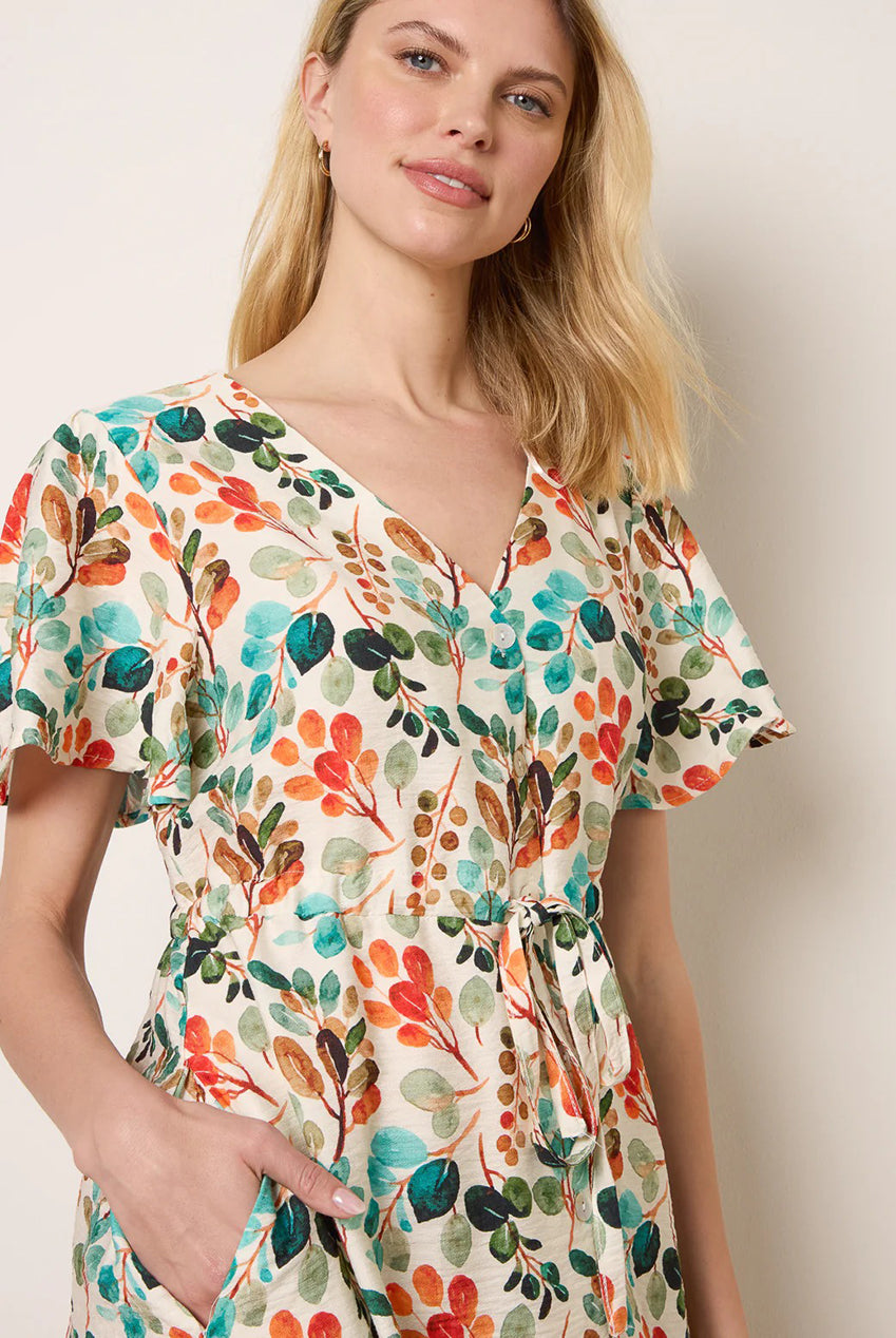 Leaf Print Tie Waist Shirt Midi Dress CC2749BV396