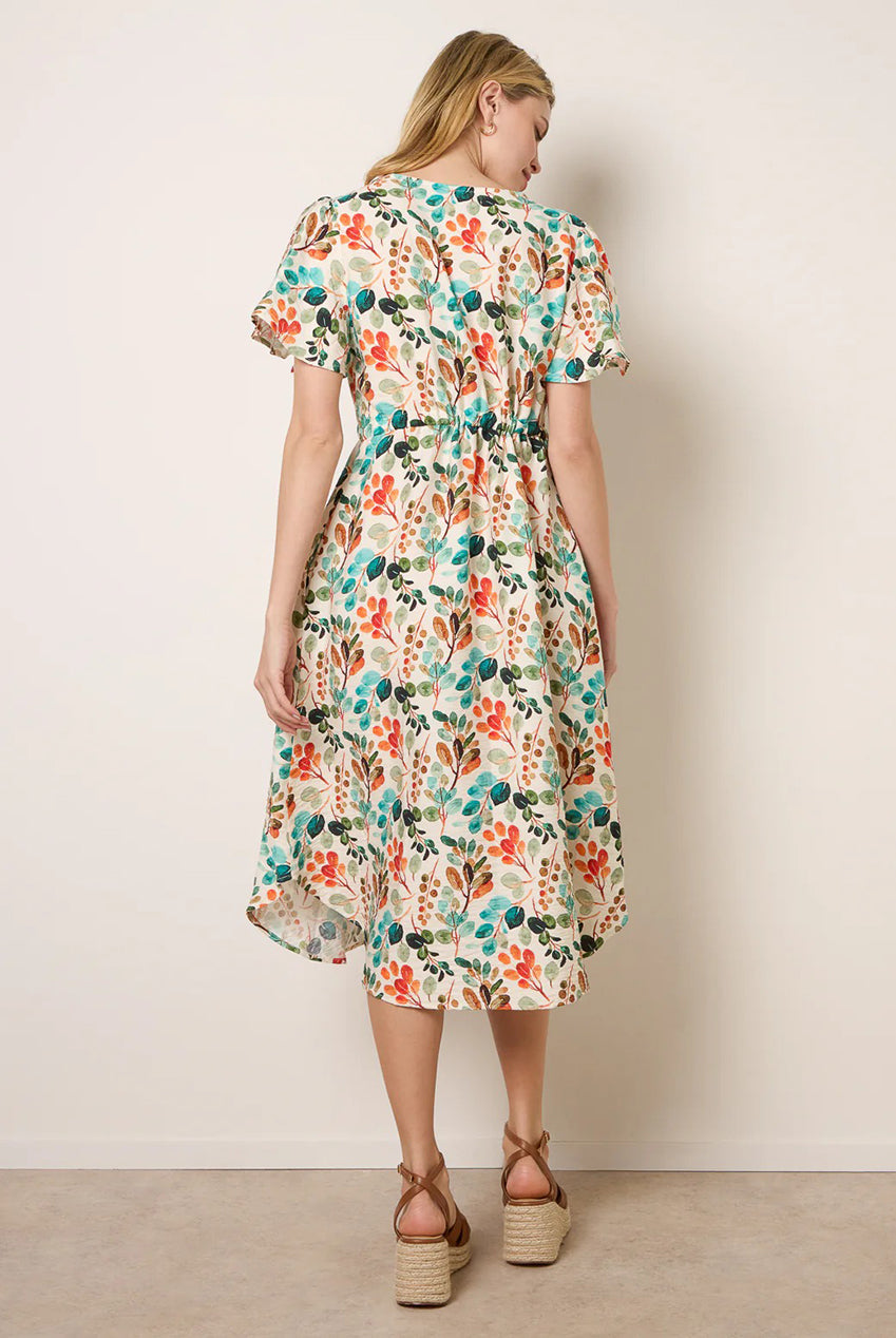 Leaf Print Tie Waist Shirt Midi Dress CC2749BV396