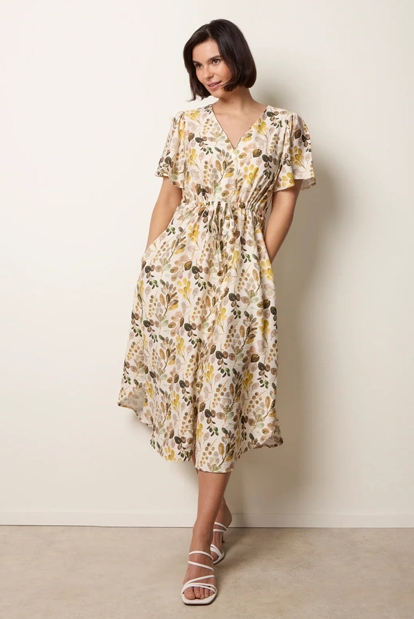 Leaf Print Tie Waist Shirt Midi Dress CC2749BV378