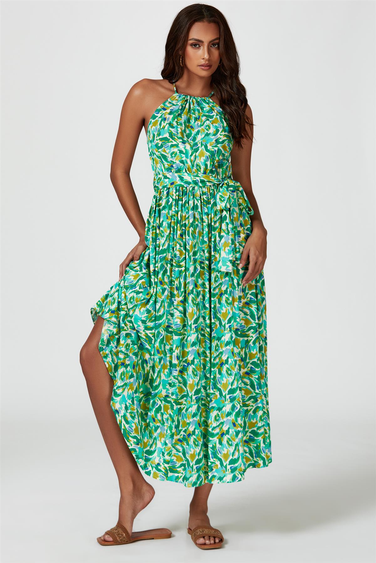 Abstract Print Tie Halterneck Maxi Dress In Green FS567-GA