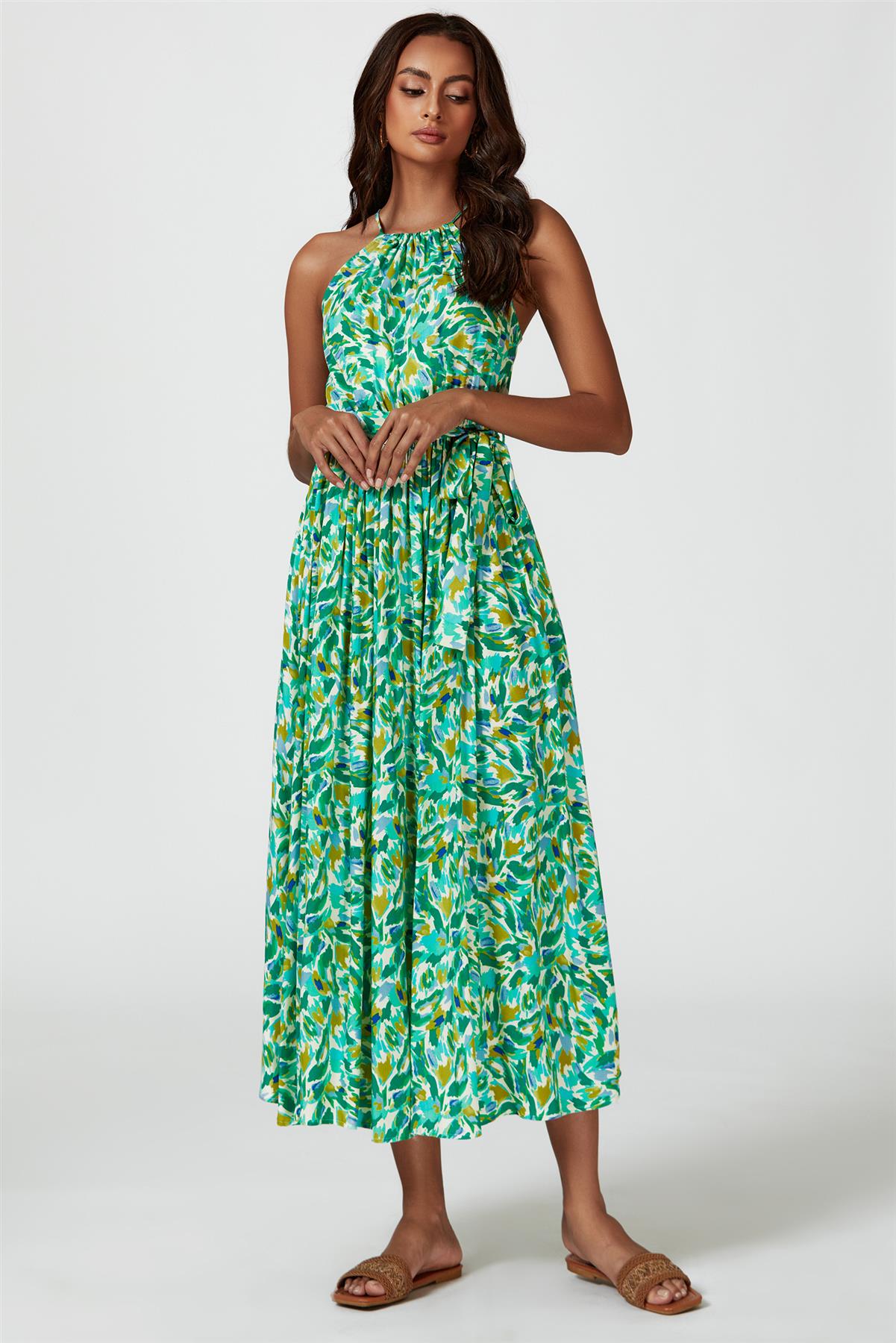 Abstract Print Tie Halterneck Maxi Dress In Green FS567-GA