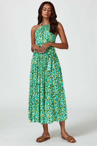 Green - Abstract Print Tie Halterneck Maxi Dress In Green by FS Collection