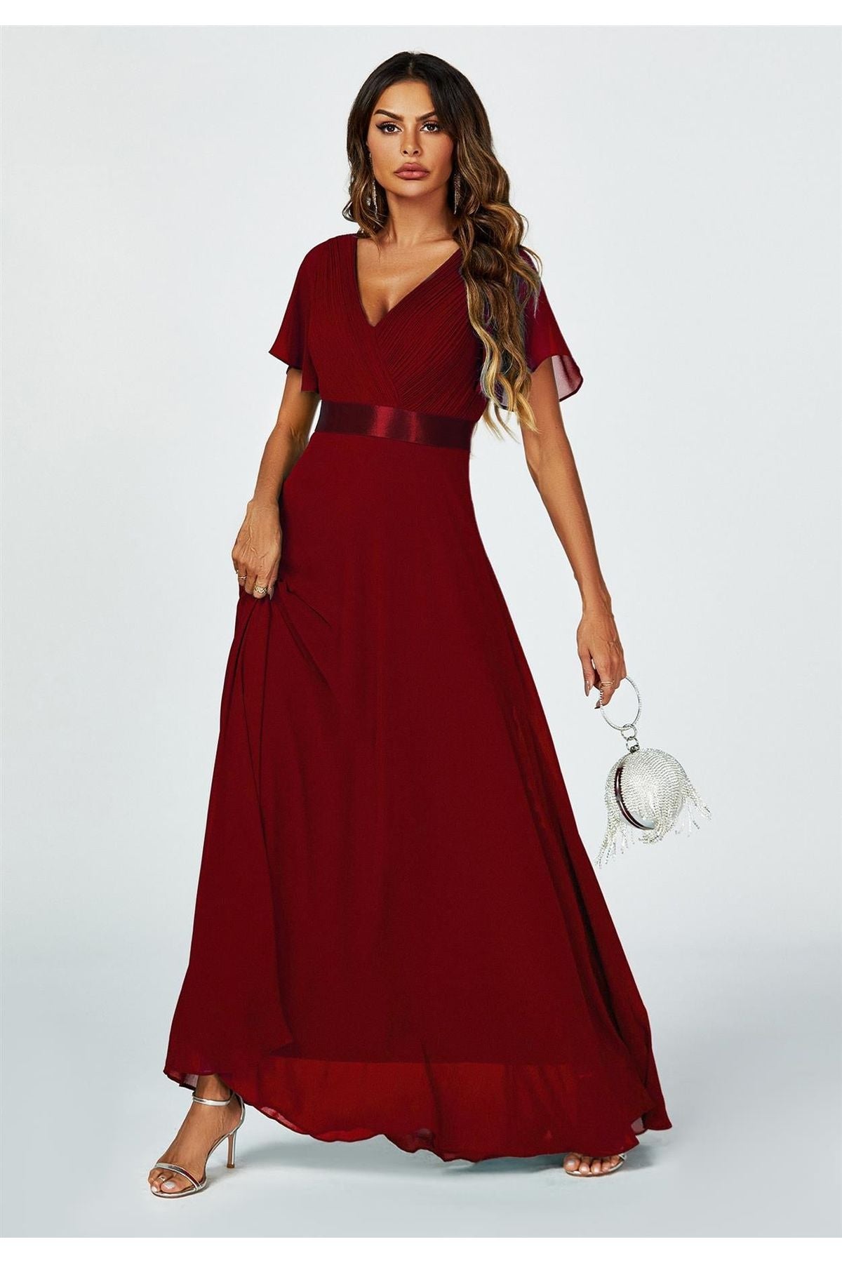 Angel Sleeves Empire Waist Bridesmaid Dress In Wine FS634