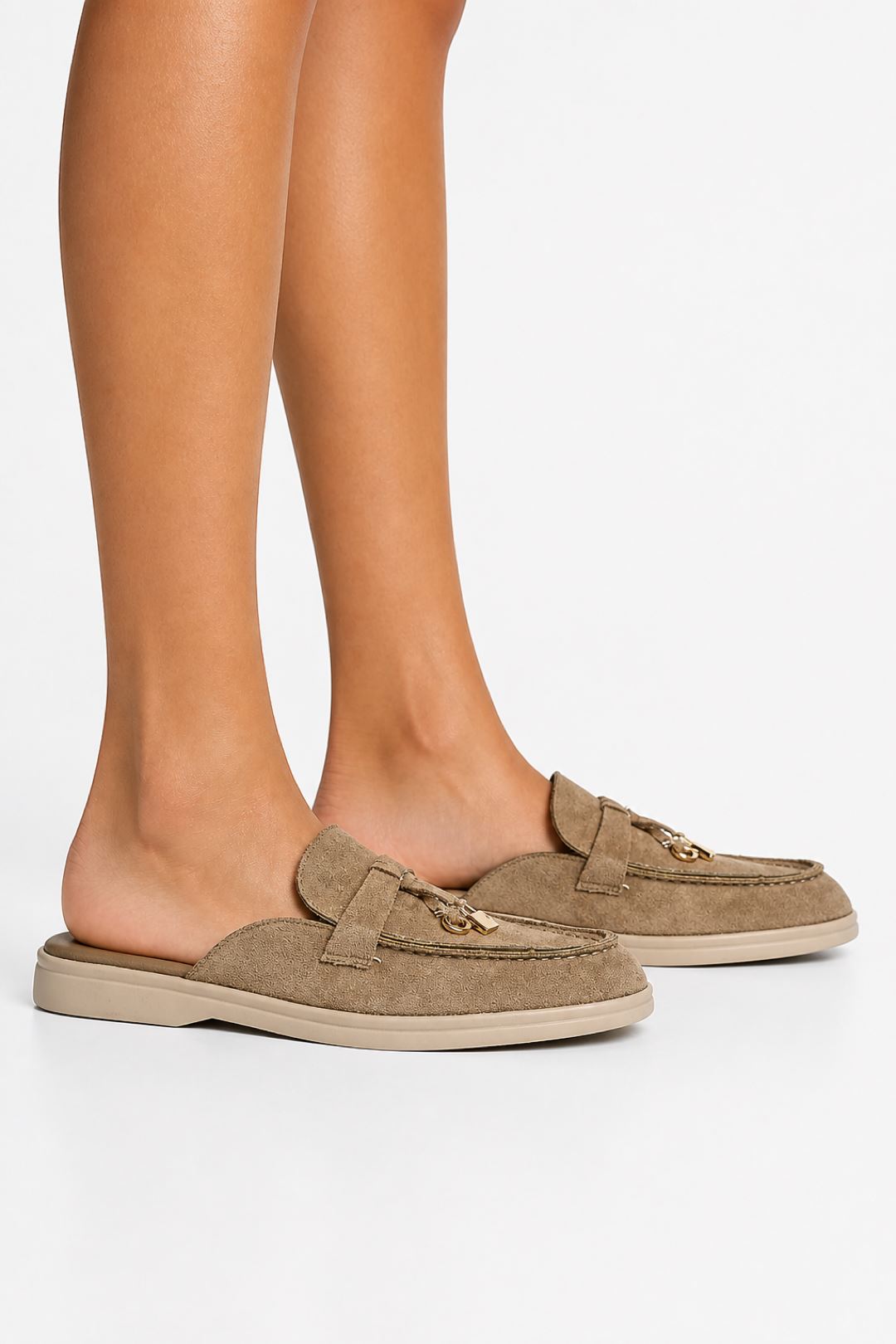 Adaloria Padlock Charm Backless Flat Loafers In Taupe Suede PANTHER2-TAUSU