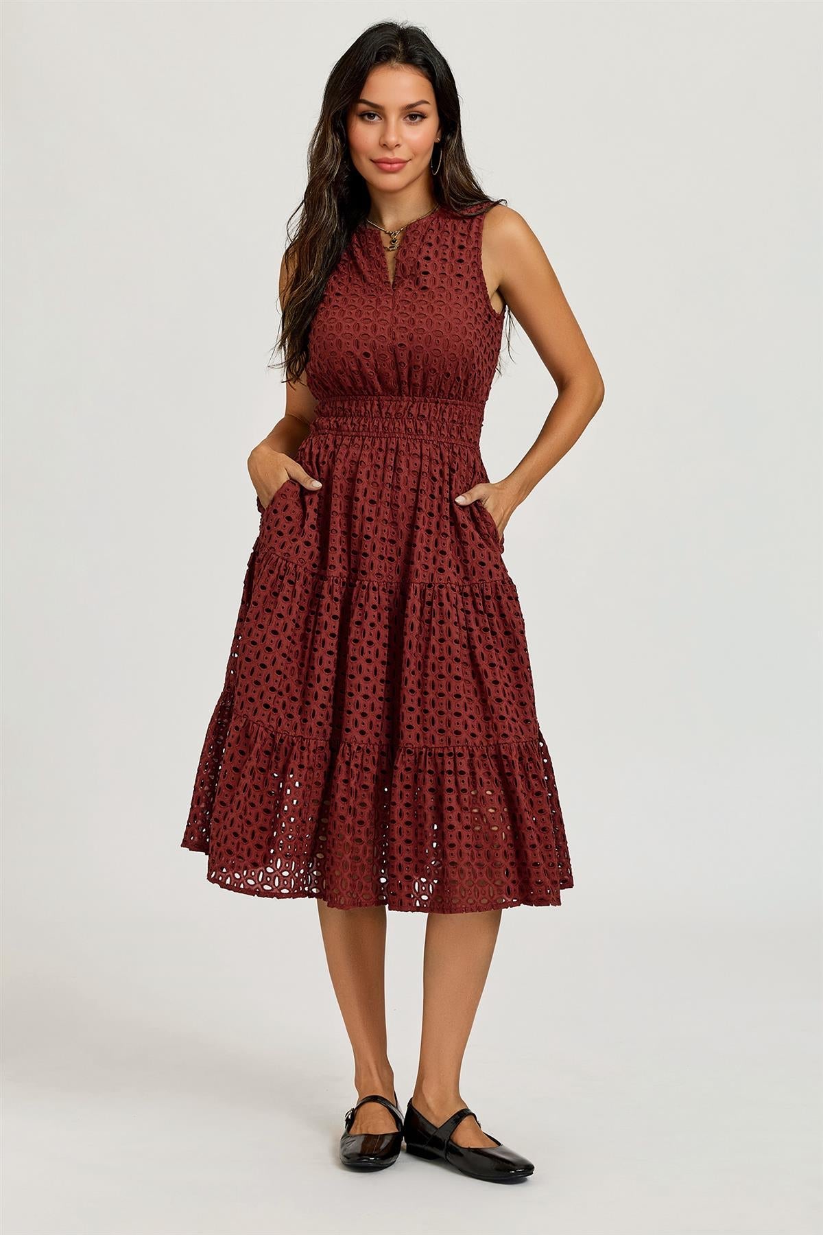Sleeveless Broderie Anglaise Midi Dress In Rust FS982
