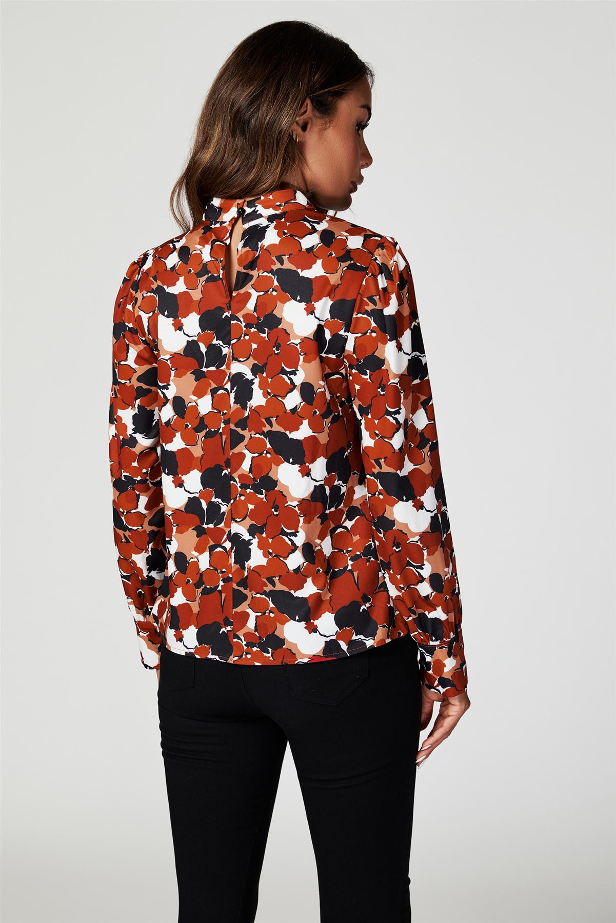 Floral Print Long Sleeve High Neck Top In Rust FS616