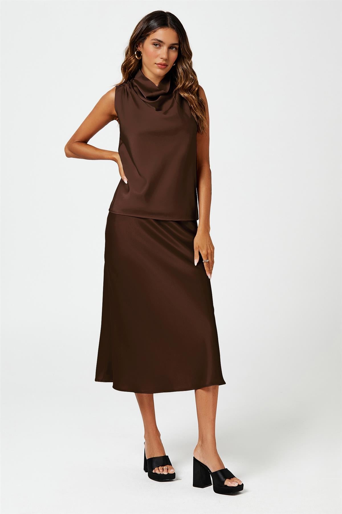 Brown Satin Midi Skirt FS613