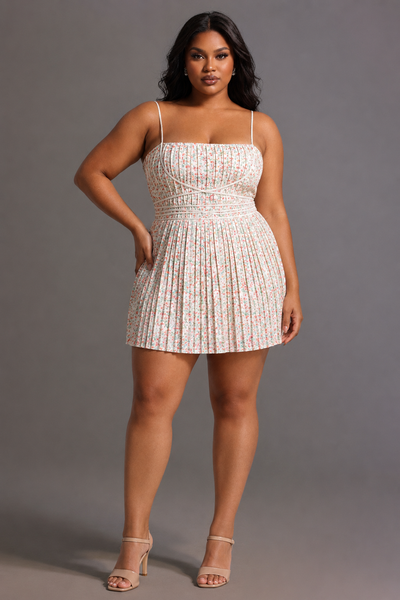 Floral Print - Modan Romantic Cinched Sleeveless Floral Print Pleated Woven Mini Dress by Bella Barnett