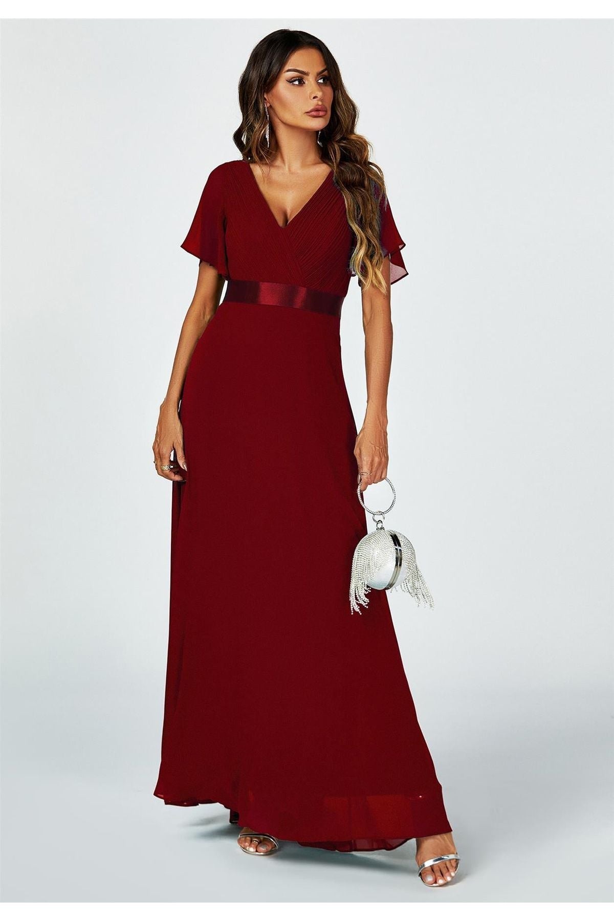 Angel Sleeves Empire Waist Bridesmaid Dress In Wine FS634