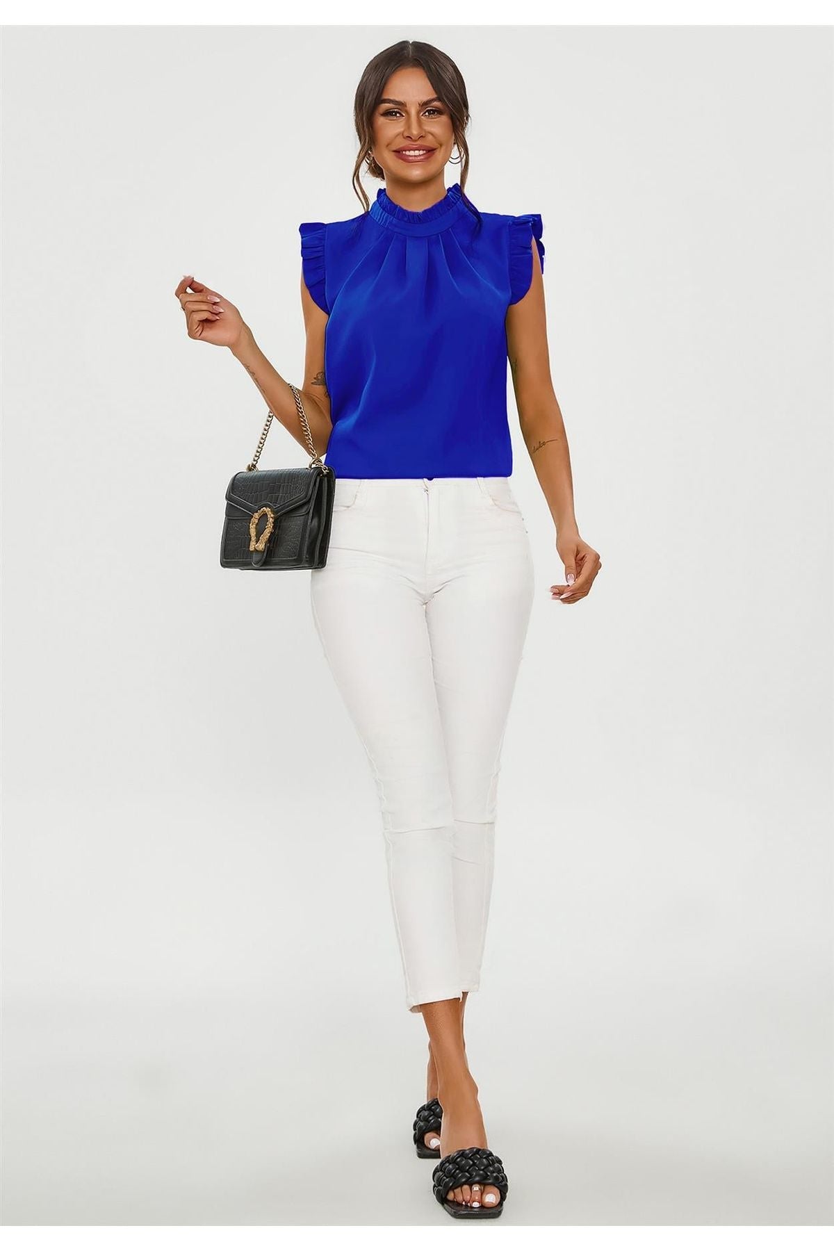 Frill Trim Sleeve High Neck Blouse Top In Royal Blue FS656