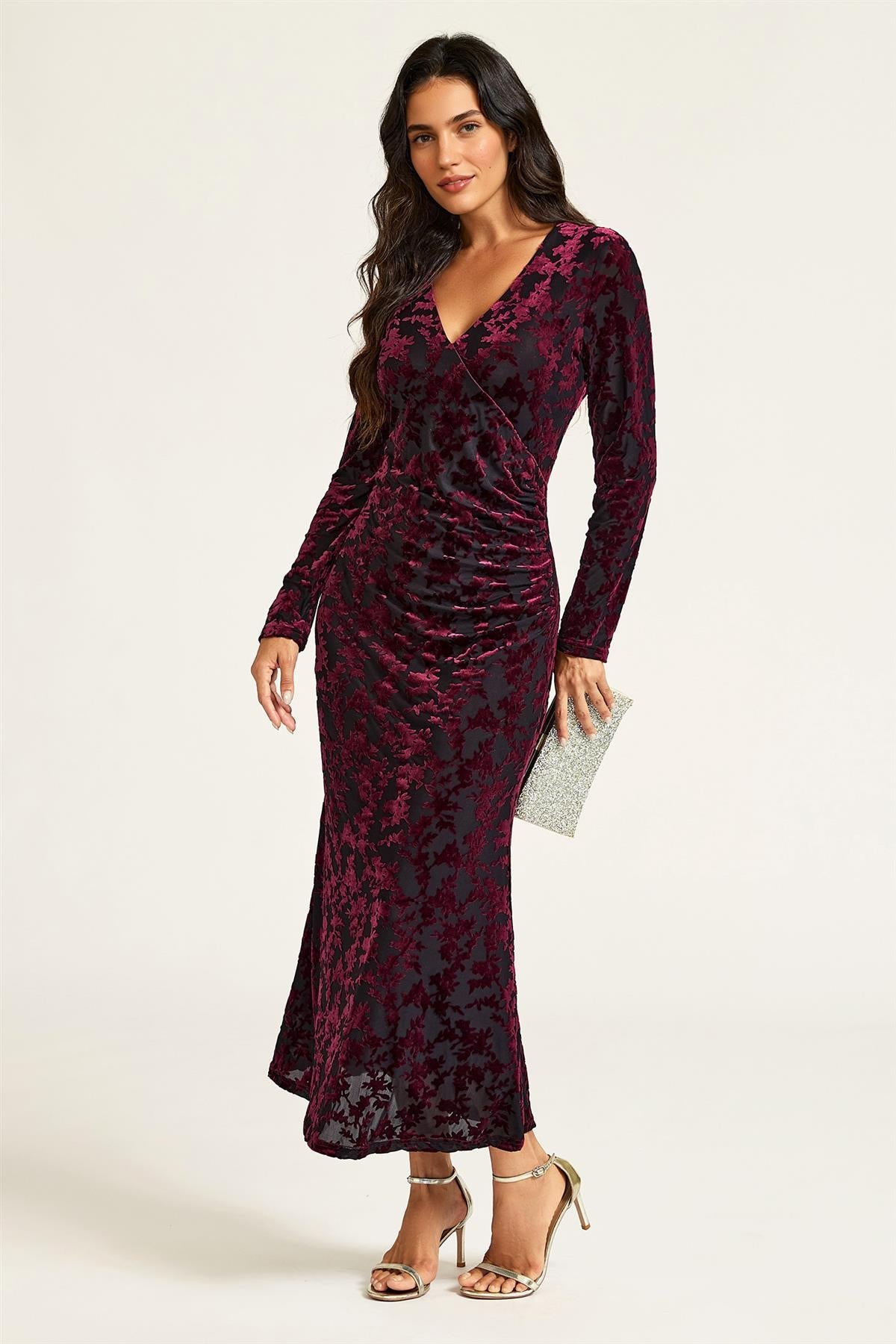 Wine Floral Velvet Devore Long Sleeve Wrap Midi Dress In Black FS902