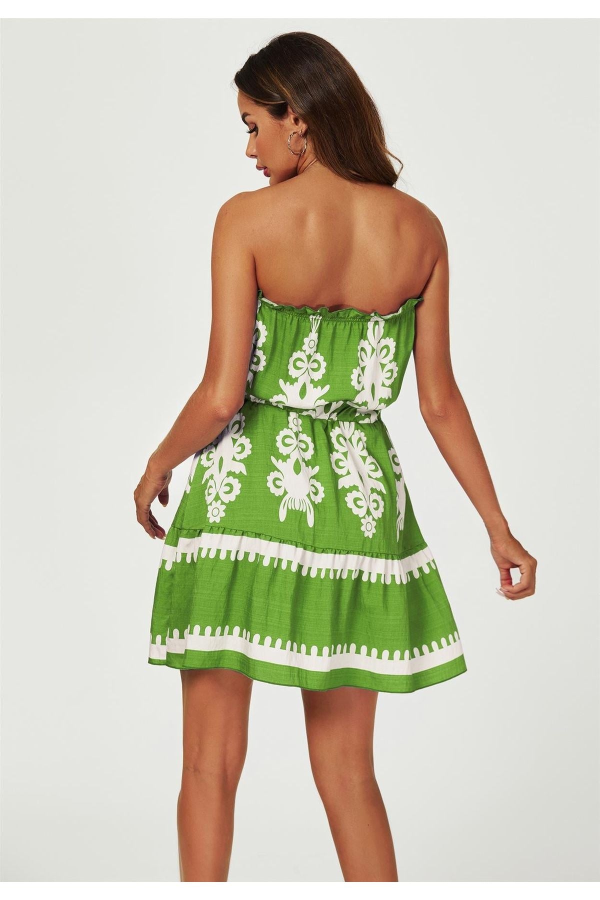 Printed Broderie Strapless Mini Dress In Green FS544-GreenWhite