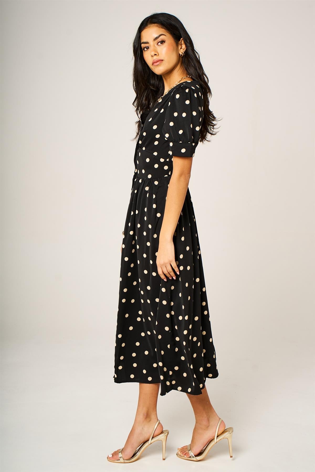 Dot Print Button Front Midi Dress In Black With Puff Sleeves FS931-BBD