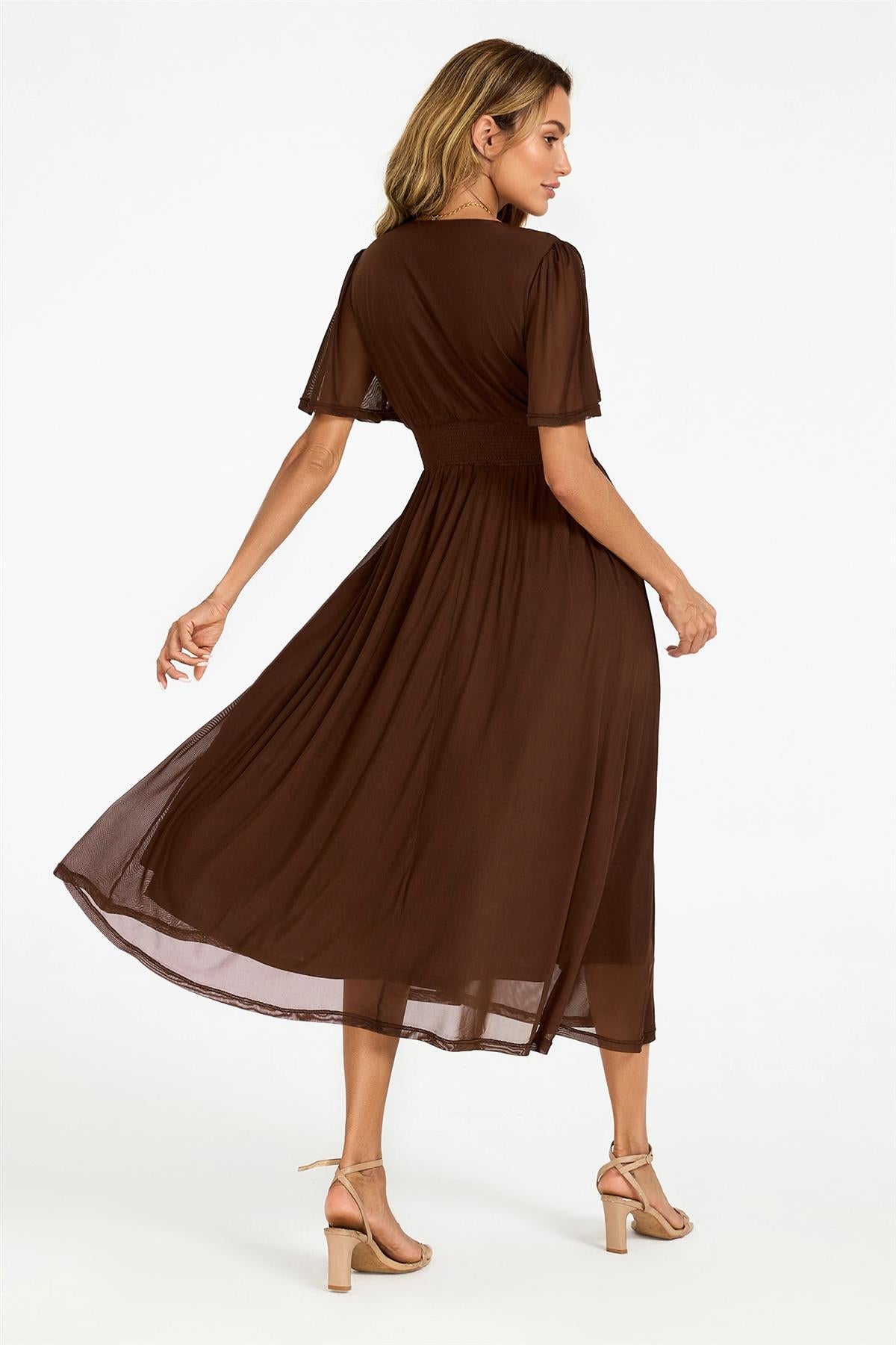 Flutter Sleeve Mesh Midi Dress In Brown FS972