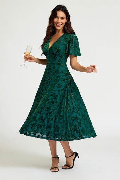 Green - Floral Velvet Devore V Neckline Dress In Green by FS Collection