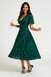 Floral Velvet Devore V Neckline Dress In Green by FS Collection
