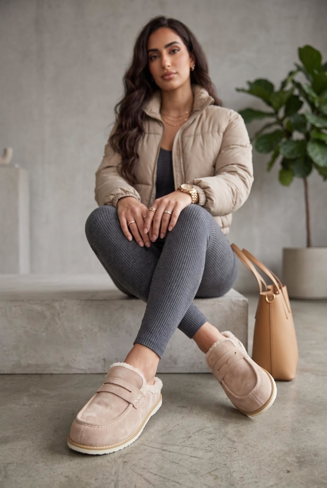 Alviera Fur Detail Backless Mule Loafer Slippers In Beige DONALD1-BEISU