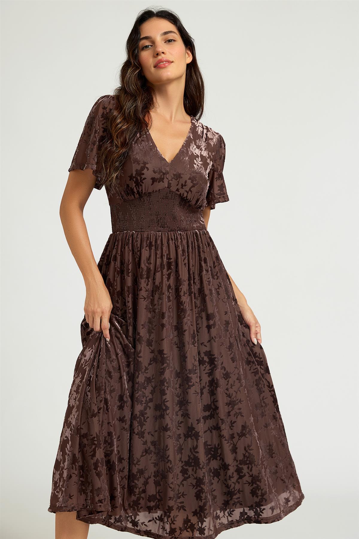 Brown Velvet Burnout V-Neck Angel Sleeve Midi Dress FS955