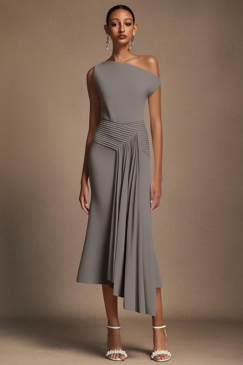 Paulina Oblique Shoulder Sleeveless Folds Gray Midi Dress by Bella Barnett