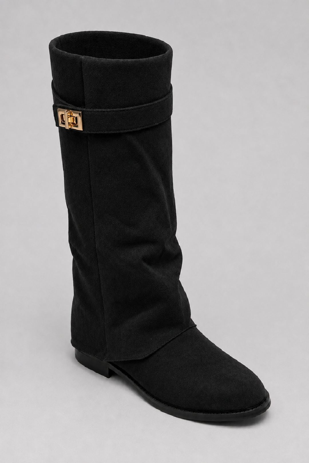 Isley Round Toe Gold Trim Buckle Fold Over Knee High Boots In Black Suede WISPA15-BLKSU