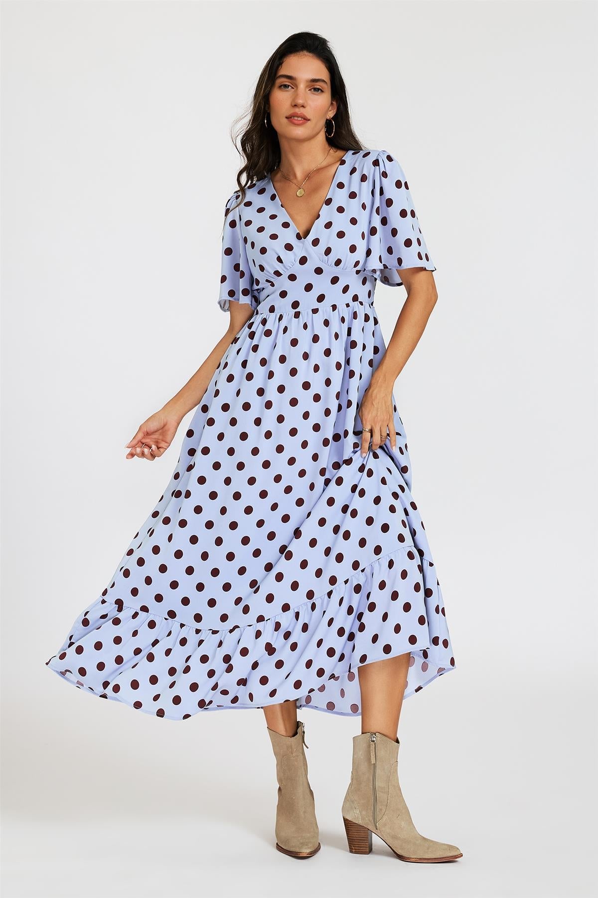 Polka Dot Print Angel Sleeve V Neck Frill Hem Midi Dress In Blue FS939