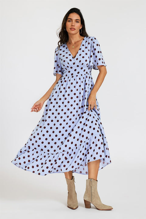 Polka Dot Print Angel Sleeve V Neck Frill Hem Midi Dress In Blue by FS Collection