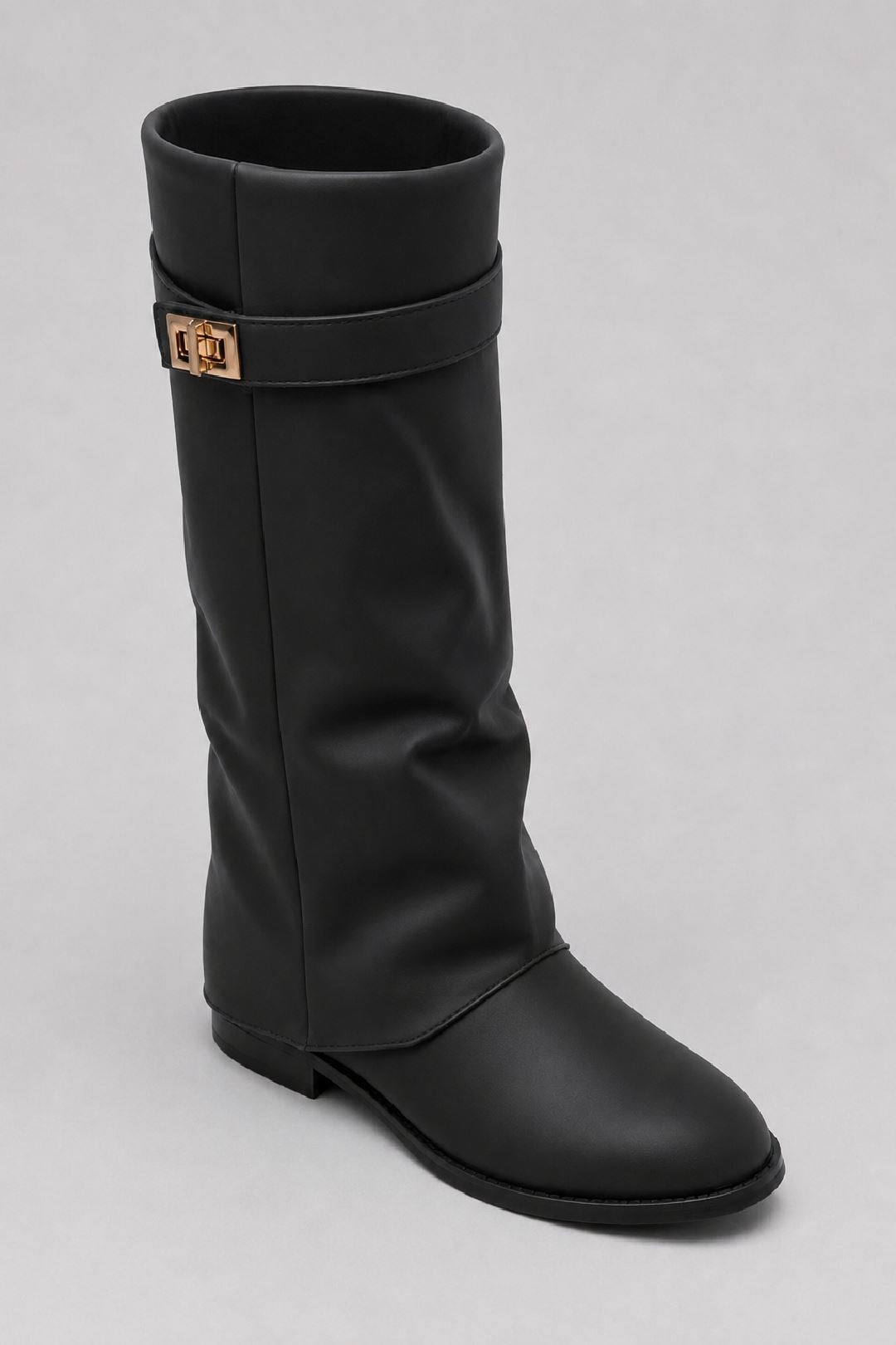 Isley Round Toe Gold Trim Buckle Fold Over Knee High Boots In Black Matt WISPA15-BLKMT
