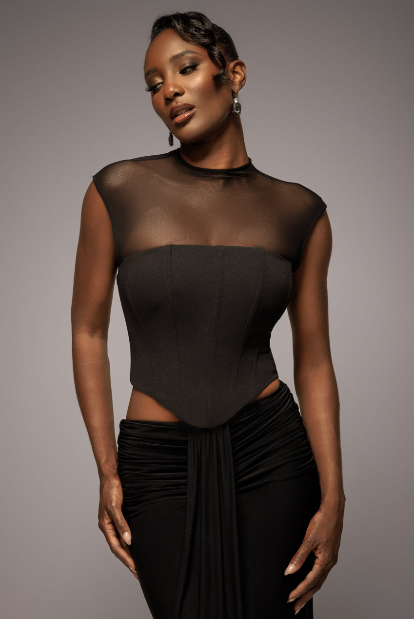High Neck Open Back Lace Up Scuba Corset Top - Black T226