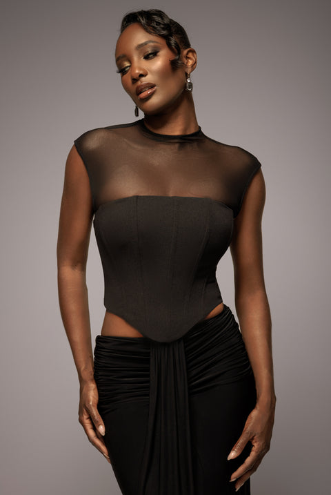 High Neck Open Back Lace Up Scuba Corset Top - Black by Goddiva
