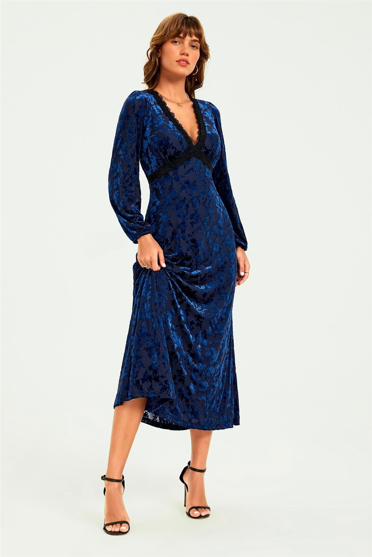 Floral Velvet Devore Lace Trim Neckline Midi Dress In Navy FS903-NVF