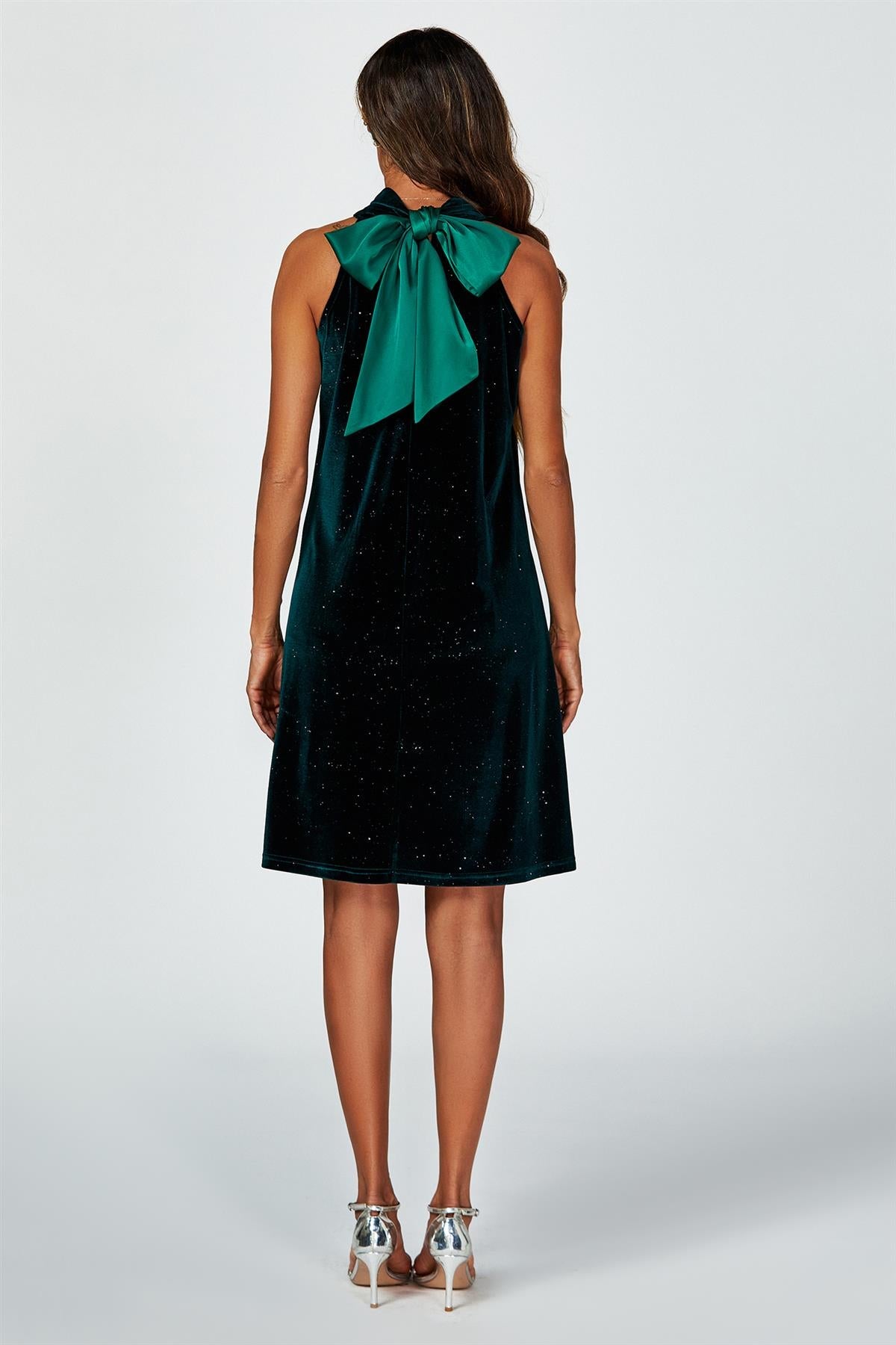 Silver Foil Velvet Halter Neck Tie Back Mini Dress In Green | Goddiva Silver Foil Velvet Halter Neck Tie Back Mini Dress In Green | Goddiva