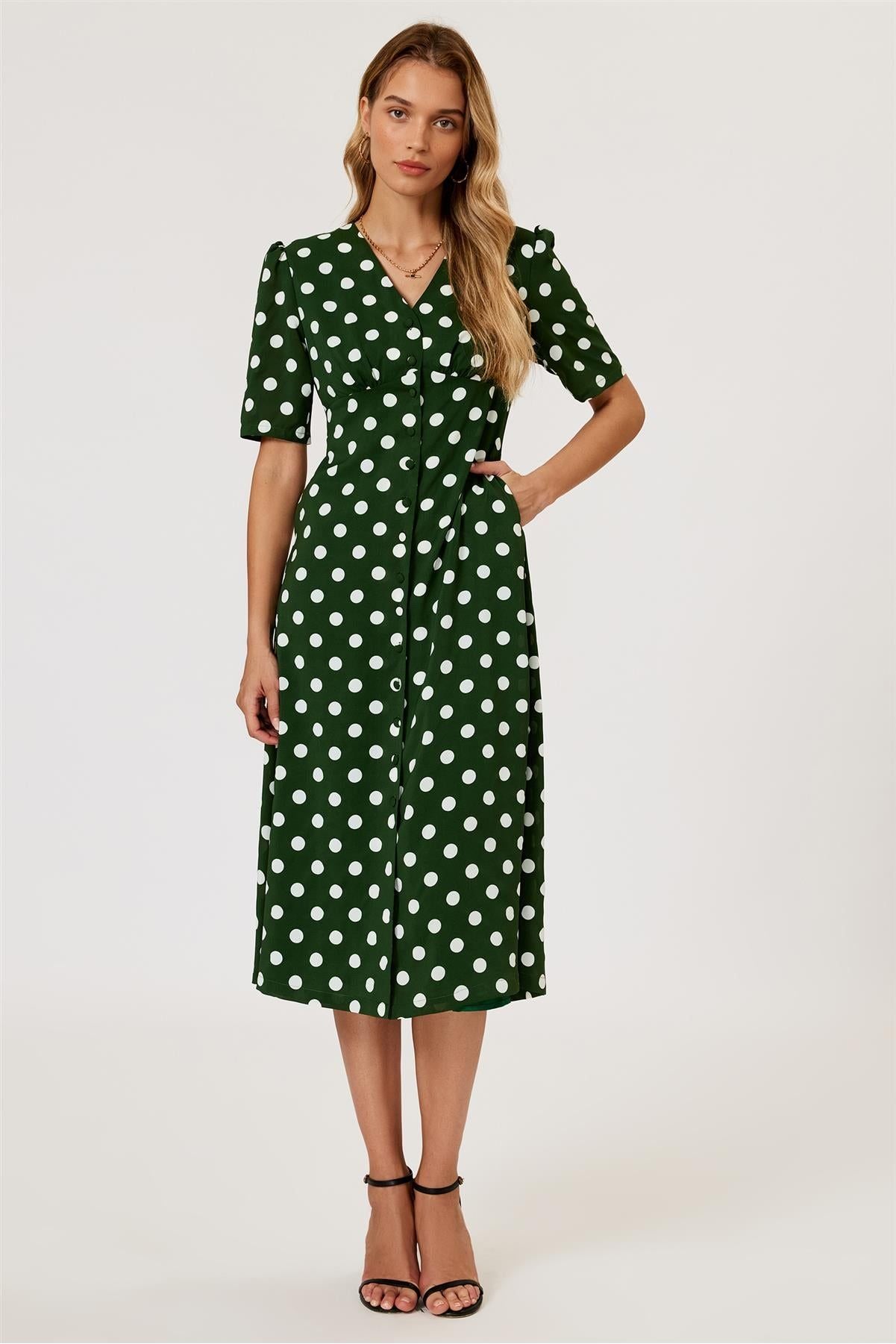 Polka Dot Print Button Front Midi Dress In Green FS884