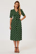 Polka Dot Print Button Front Midi Dress In Green by FS Collection