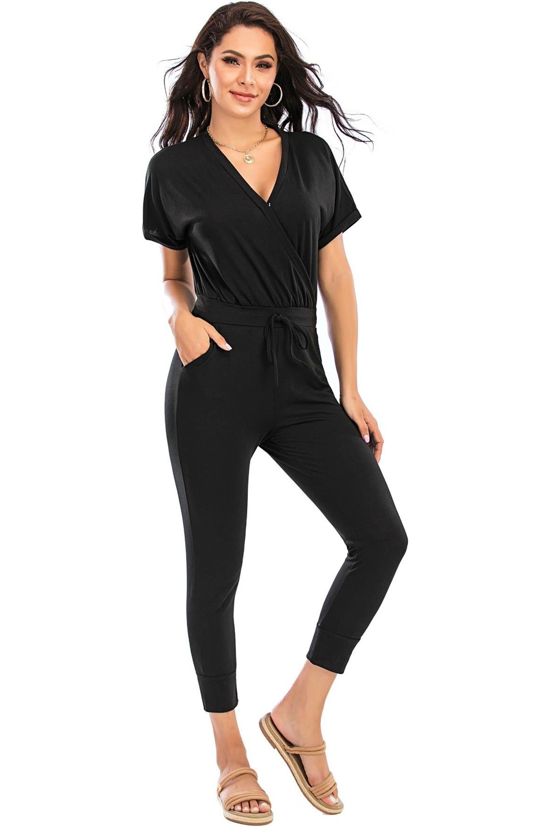 Stretch Wrap Jumpsuit With V Neck In Black FSP007-2