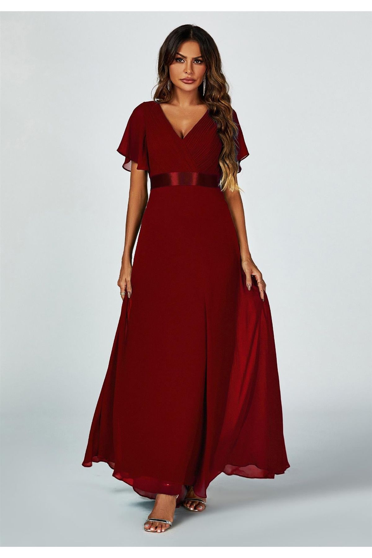 Angel Sleeves Empire Waist Bridesmaid Dress In Wine FS634