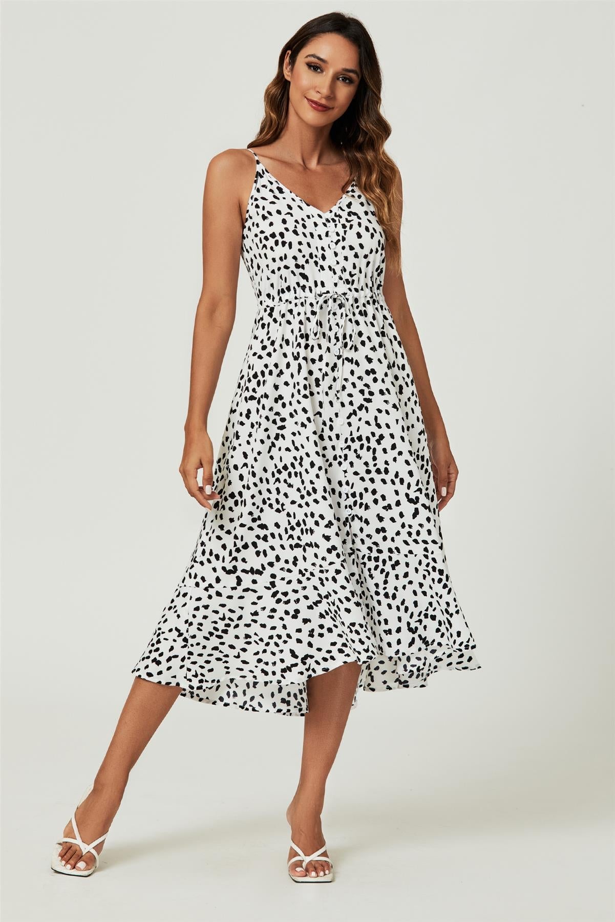 Button Down High Low Strappy Dress In White FS238-WhiteLeopard