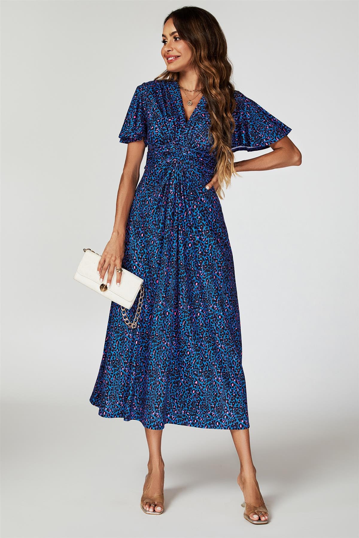 Animal Print Angel Sleeve Twist Maxi Dress In Blue FS742-BlueLeopard