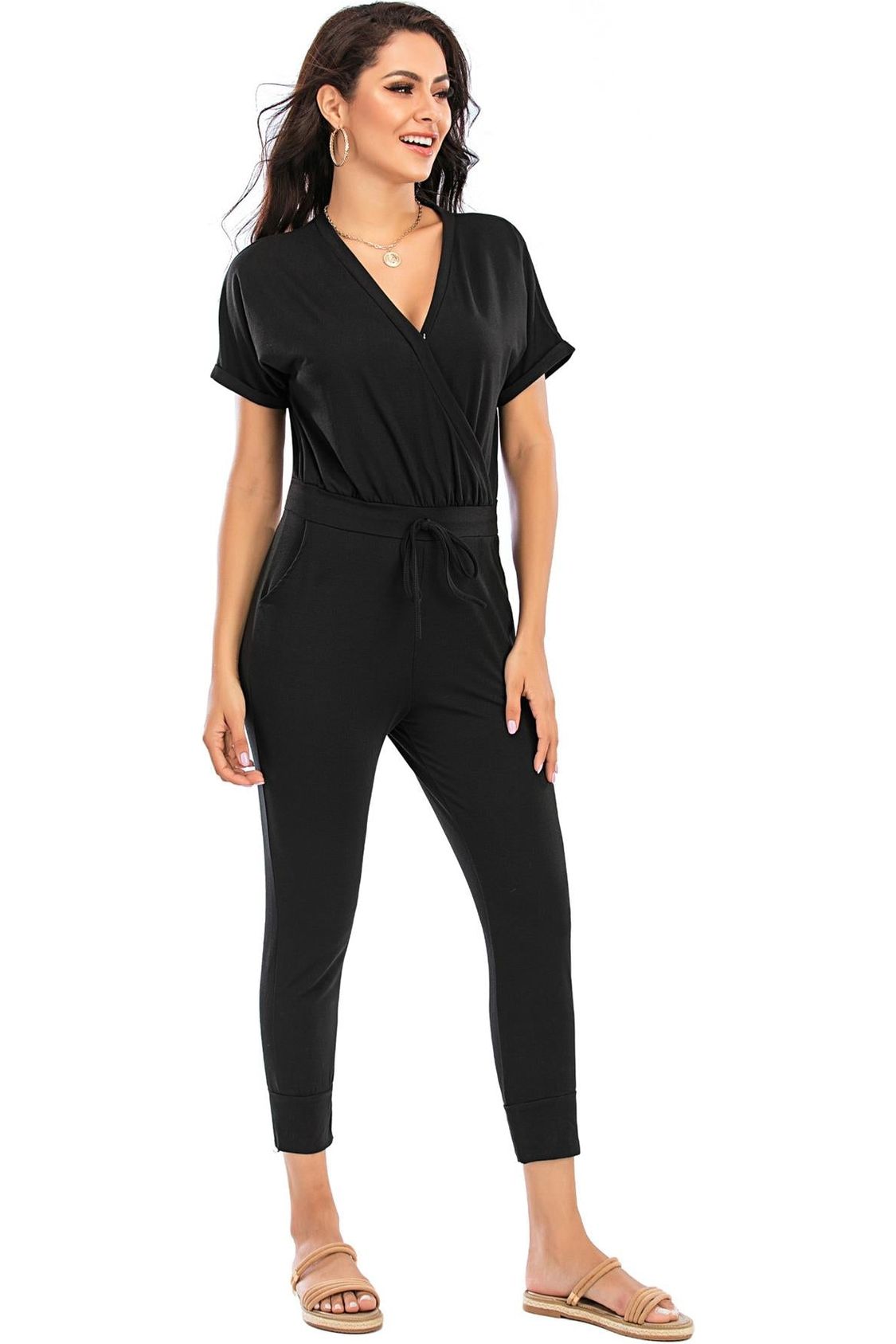 Stretch Wrap Jumpsuit With V Neck In Black FSP007-2