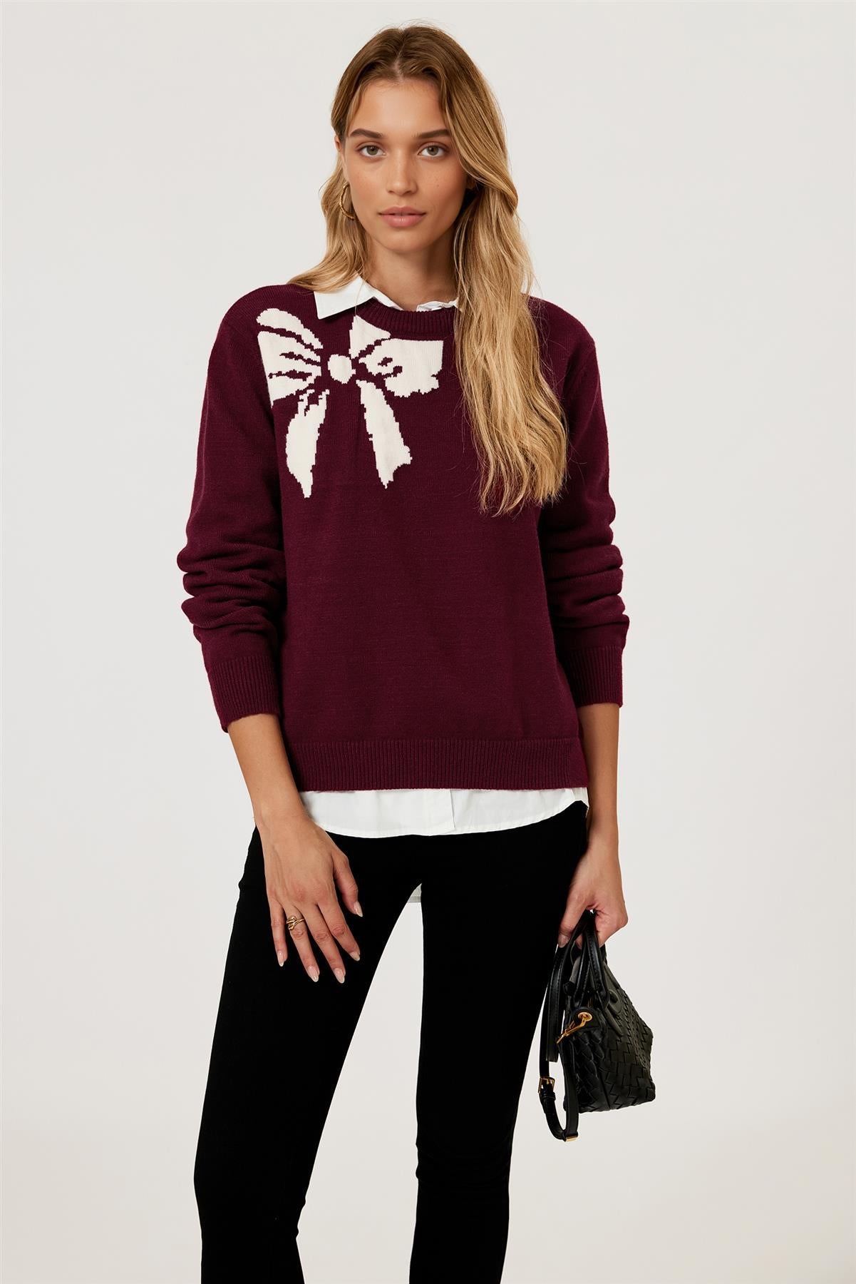 Bowknot Pattern On Shoulder Knit Jumper Top In Wine FS892