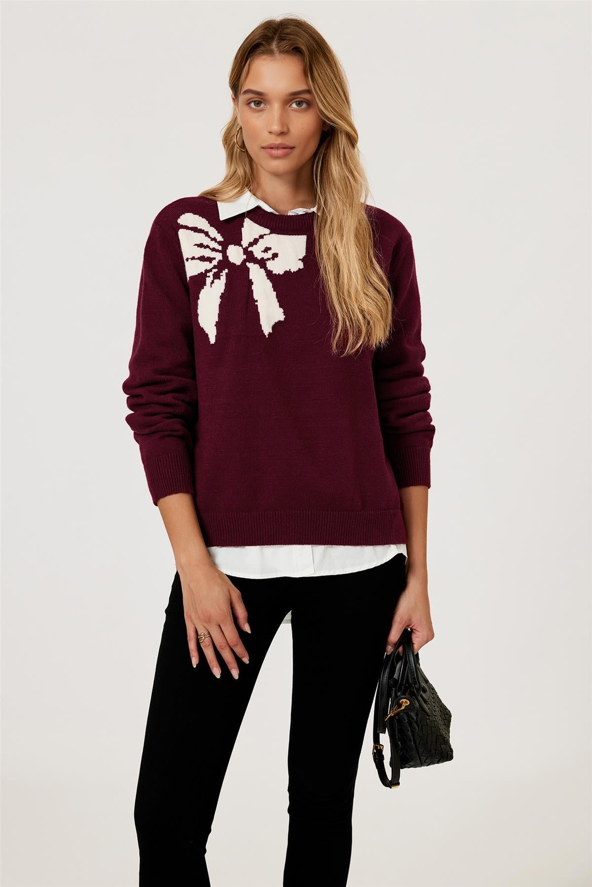 Bowknot Pattern On Shoulder Knit Jumper Top In Wine FS892