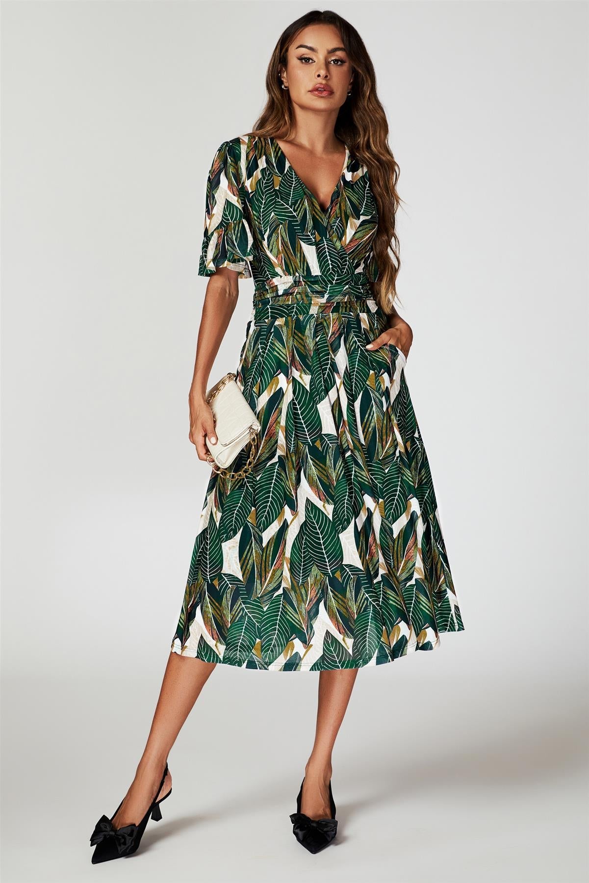 Leaf Print Mesh Midi Dress In Green FS739