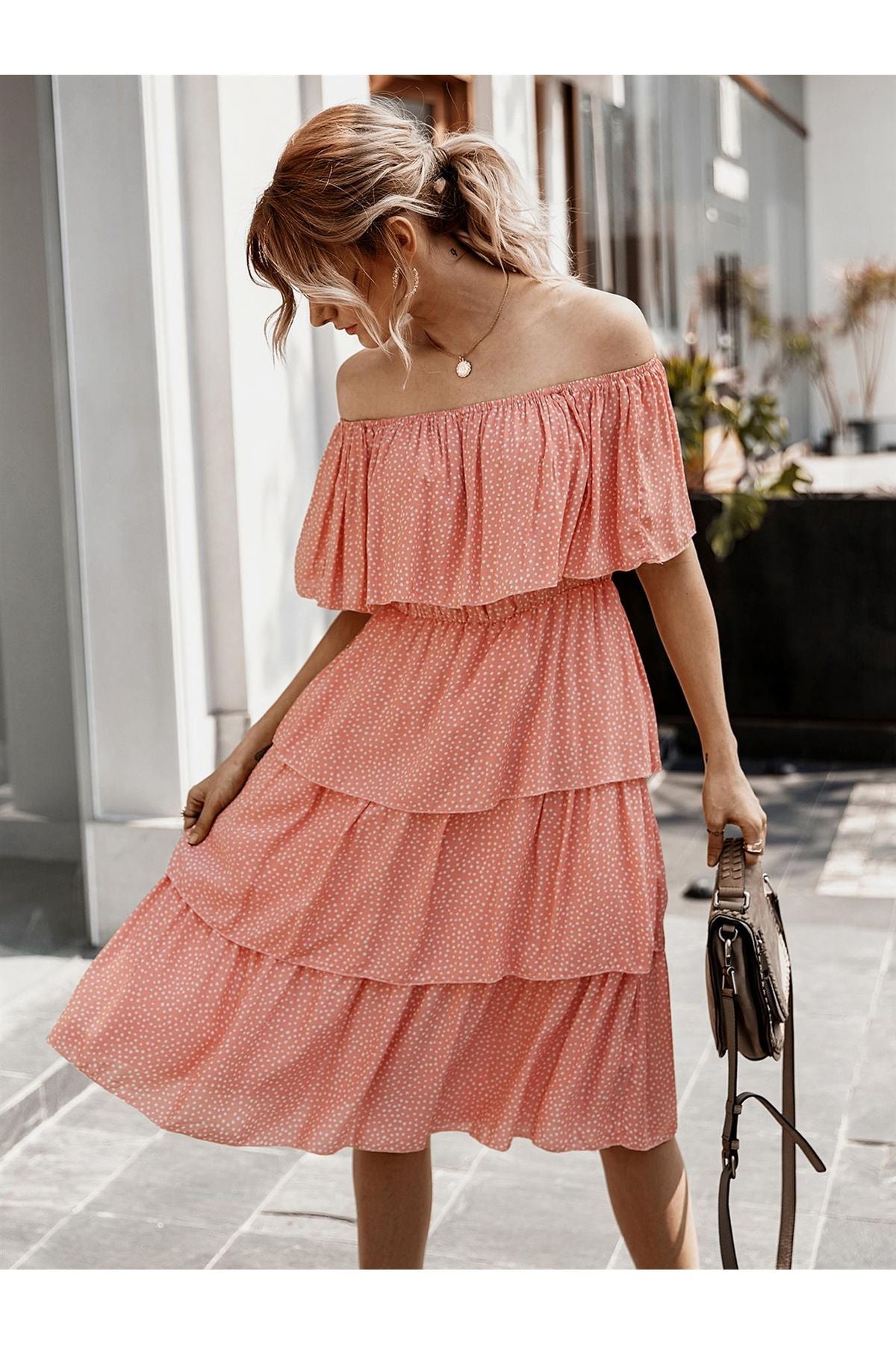 Off The Shoulder Bardot Frill Tiered Dress In Peach Polka Dot TT029-2