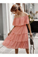 FS Collection Off The Shoulder Bardot Frill Tiered Dress In Peach Polka Dot