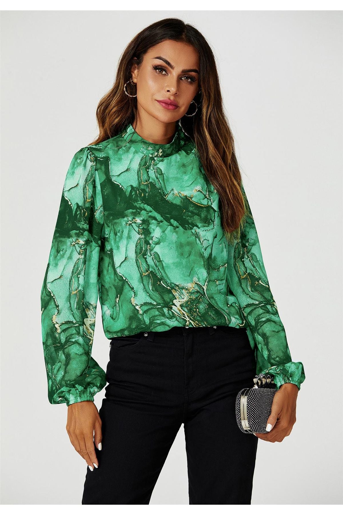 Marble Print Long Sleeve High Neck Top In Light Green FS628