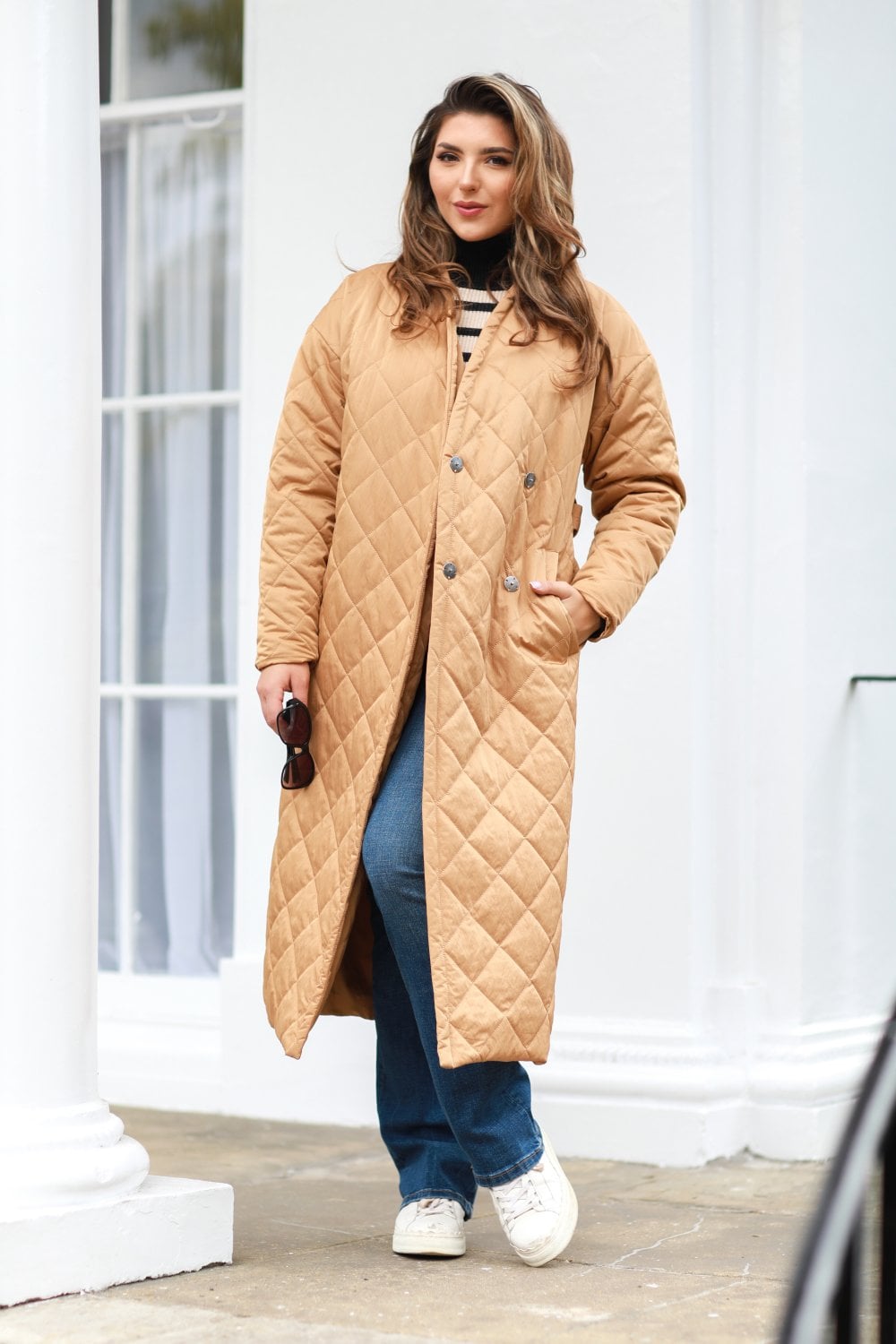 Camel Oversized Quilted Longline Wrap Coat Goddiva