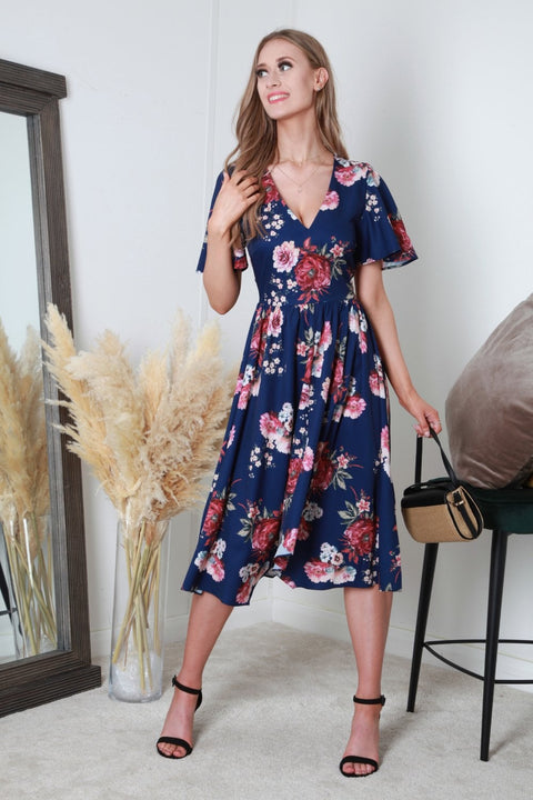 V-Neck Hanky Hem Pleated Floral Dress by Double Second