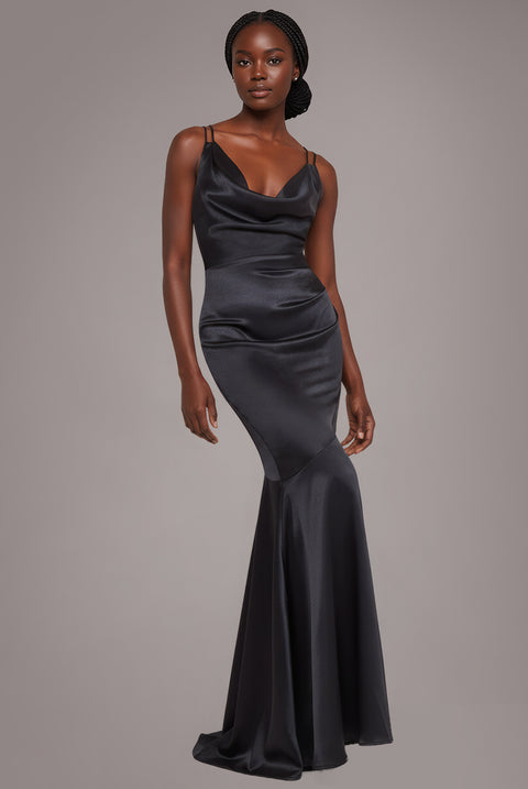 Cowl Neck With Strappy Back Satin Maxi - Black by Goddiva