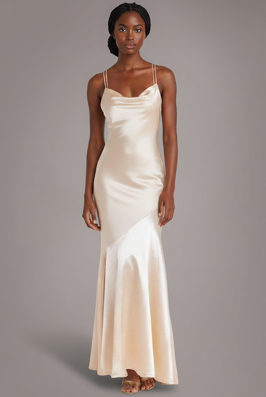 Satin Cowl Neck With Strappy Back Maxi - Champagne DR2113QZ