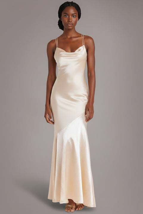 Satin Cowl Neck With Strappy Back Maxi - Champagne by Goddiva