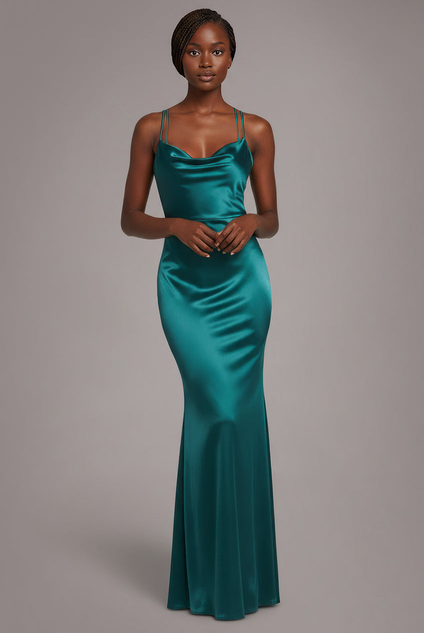 Cowl Neck With Strappy Back Satin Maxi - Emerald DR2113